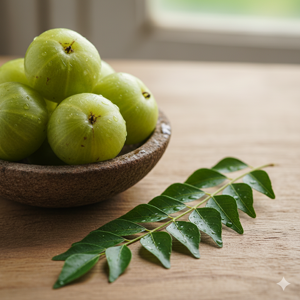 Amla and curry leaves, a natural remedy for slowing premature greying
